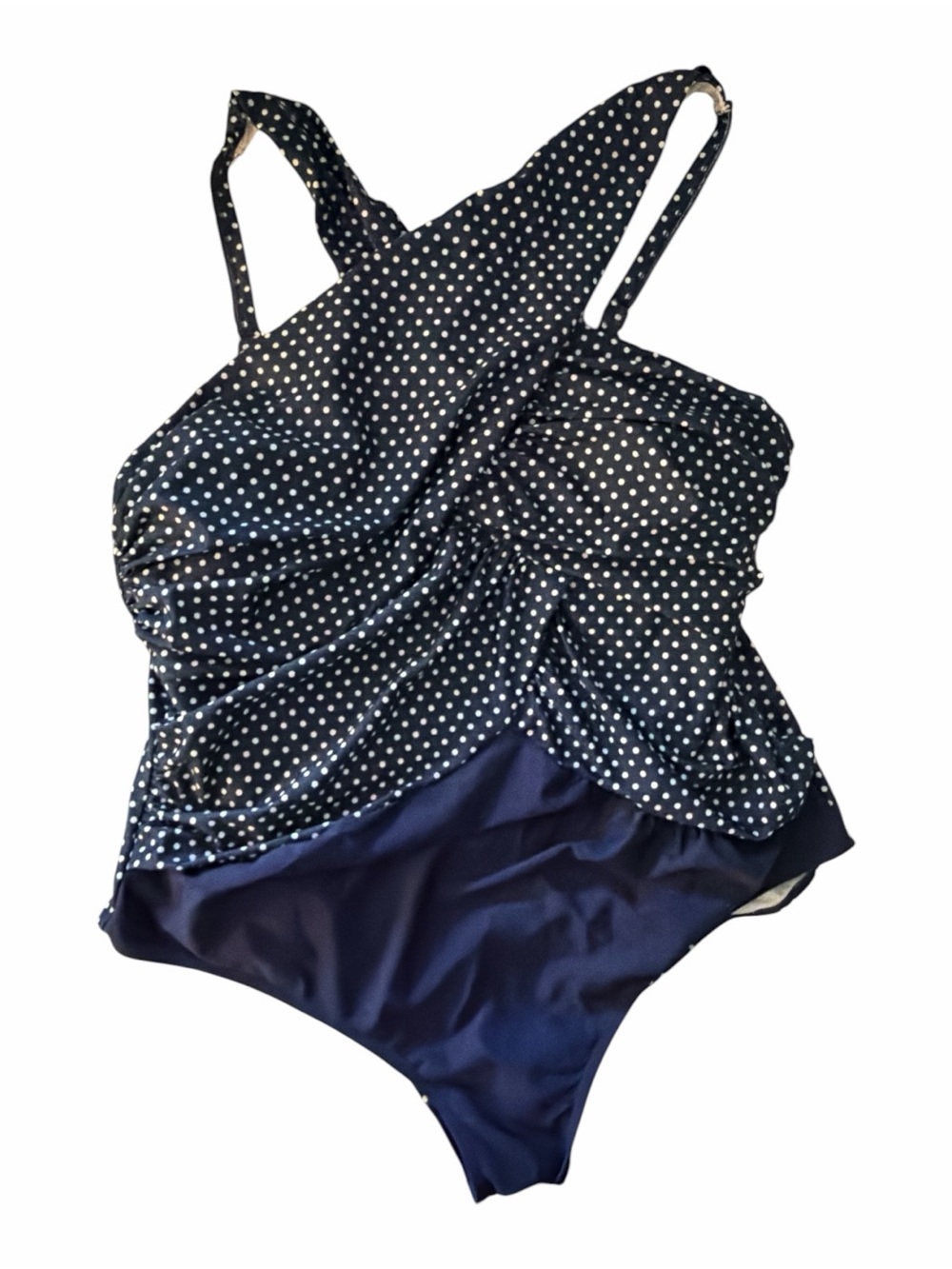 SeaFancy Blue Polka Dot Cross Neck One-Piece Swimsuit NWOT